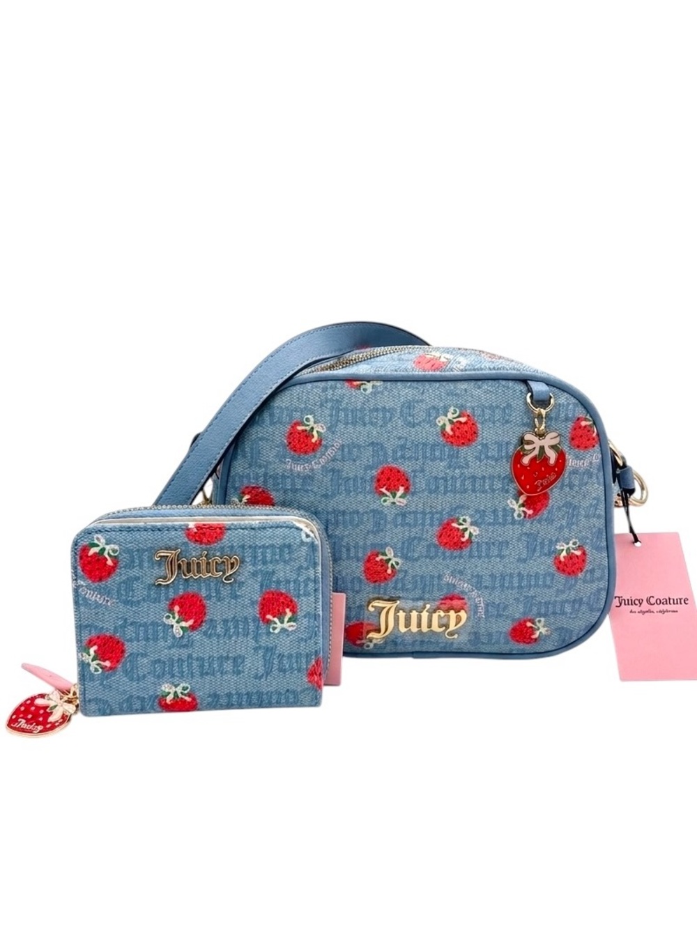 Juicy Couture Blue Denim Strawberry Print Crossbody and Wallet Set
